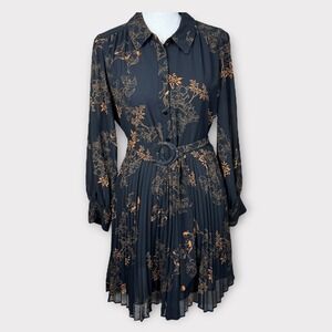 ZARA Chiffon Pleated Floral Belted Shirt Dress Size S Black Orange Koi Print